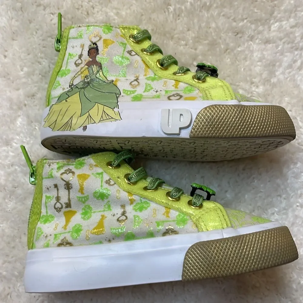 Disney Toddler High Top Princess Tiana Sneakers and Bebe Gold tone Sandal Sz 7